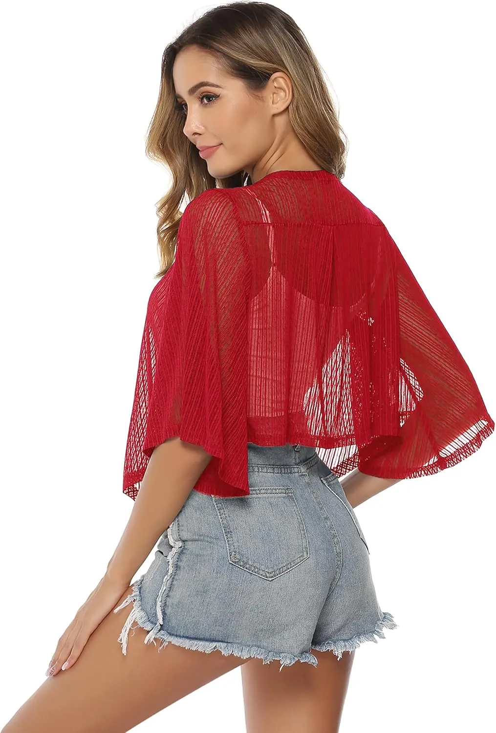 iClosam Women Tie Front Chiffon Shrug Short Sleeve Cropped Sheer Bolero Shrug Cardigan