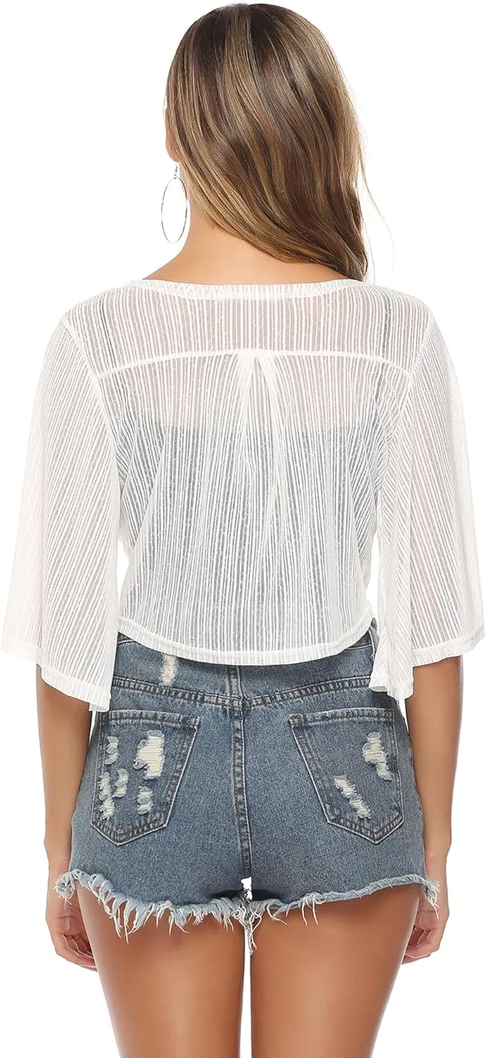 iClosam Women Tie Front Chiffon Shrug Short Sleeve Cropped Sheer Bolero Shrug Cardigan