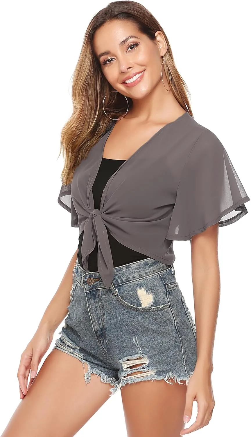 iClosam Women Tie Front Chiffon Shrug Short Sleeve Cropped Sheer Bolero Shrug Cardigan