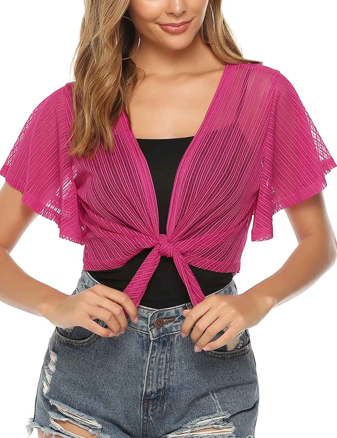 iClosam Women Tie Front Chiffon Shrug Short Sleeve Cropped Sheer Bolero Shrug Cardigan