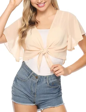 iClosam Women Tie Front Chiffon Shrug Short Sleeve Cropped Sheer Bolero Shrug Cardigan