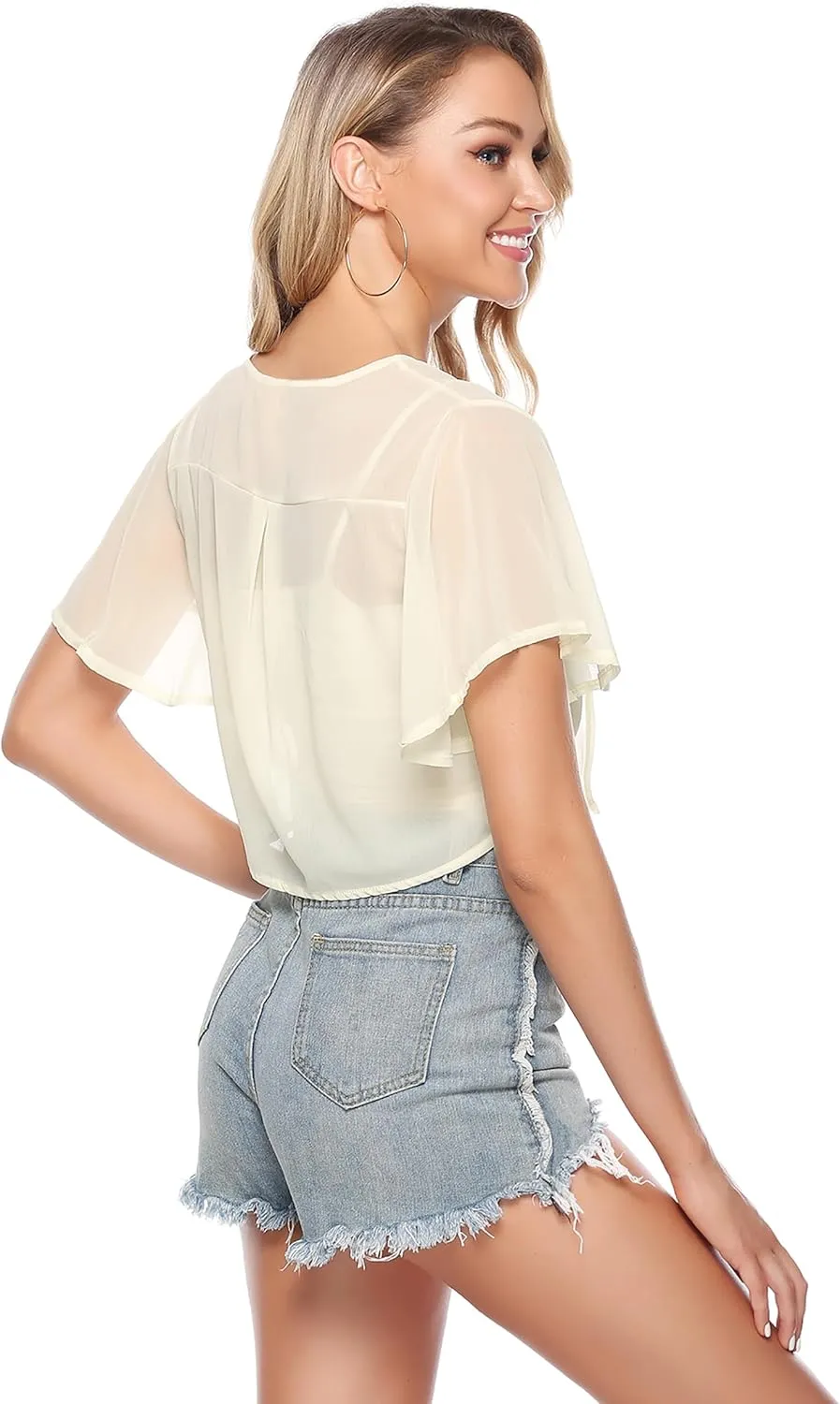 iClosam Women Tie Front Chiffon Shrug Short Sleeve Cropped Sheer Bolero Shrug Cardigan