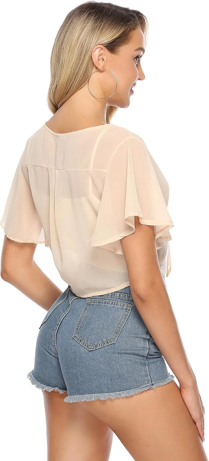 iClosam Women Tie Front Chiffon Shrug Short Sleeve Cropped Sheer Bolero Shrug Cardigan