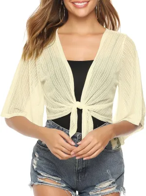 iClosam Women Tie Front Chiffon Shrug Short Sleeve Cropped Sheer Bolero Shrug Cardigan