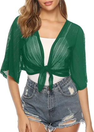 iClosam Women Tie Front Chiffon Shrug Short Sleeve Cropped Sheer Bolero Shrug Cardigan