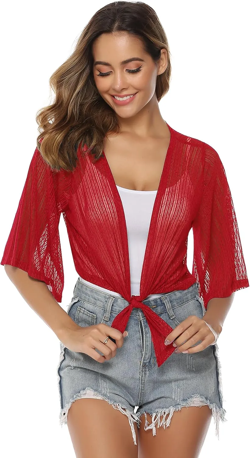 iClosam Women Tie Front Chiffon Shrug Short Sleeve Cropped Sheer Bolero Shrug Cardigan