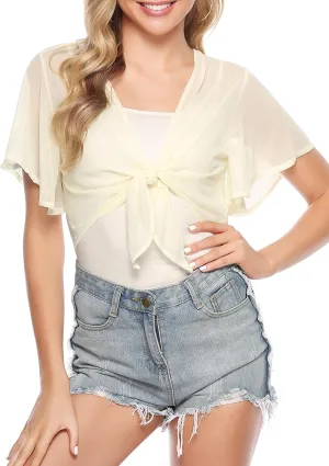 iClosam Women Tie Front Chiffon Shrug Short Sleeve Cropped Sheer Bolero Shrug Cardigan