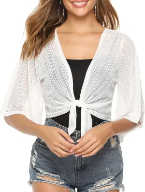iClosam Women Tie Front Chiffon Shrug Short Sleeve Cropped Sheer Bolero Shrug Cardigan