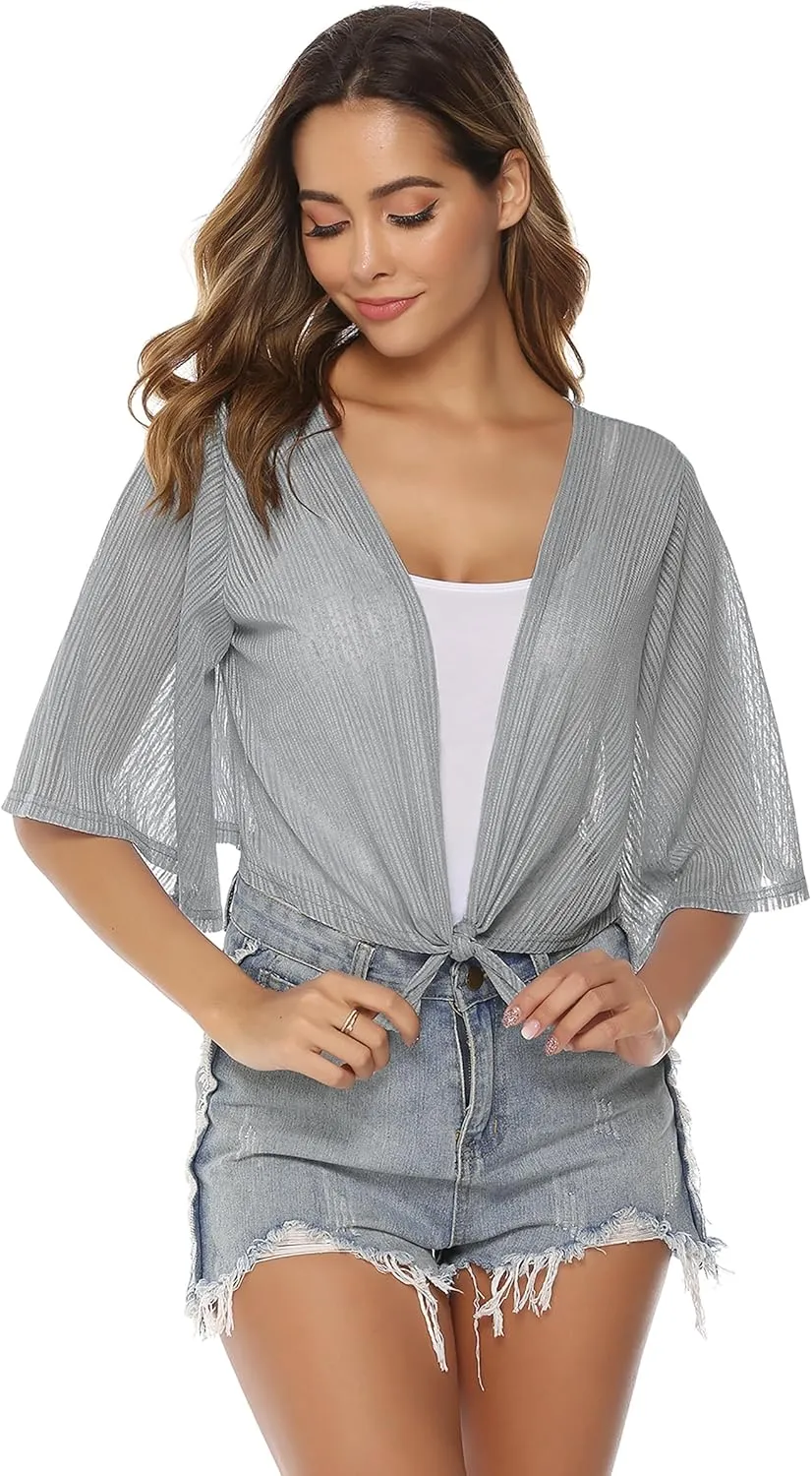 iClosam Women Tie Front Chiffon Shrug Short Sleeve Cropped Sheer Bolero Shrug Cardigan