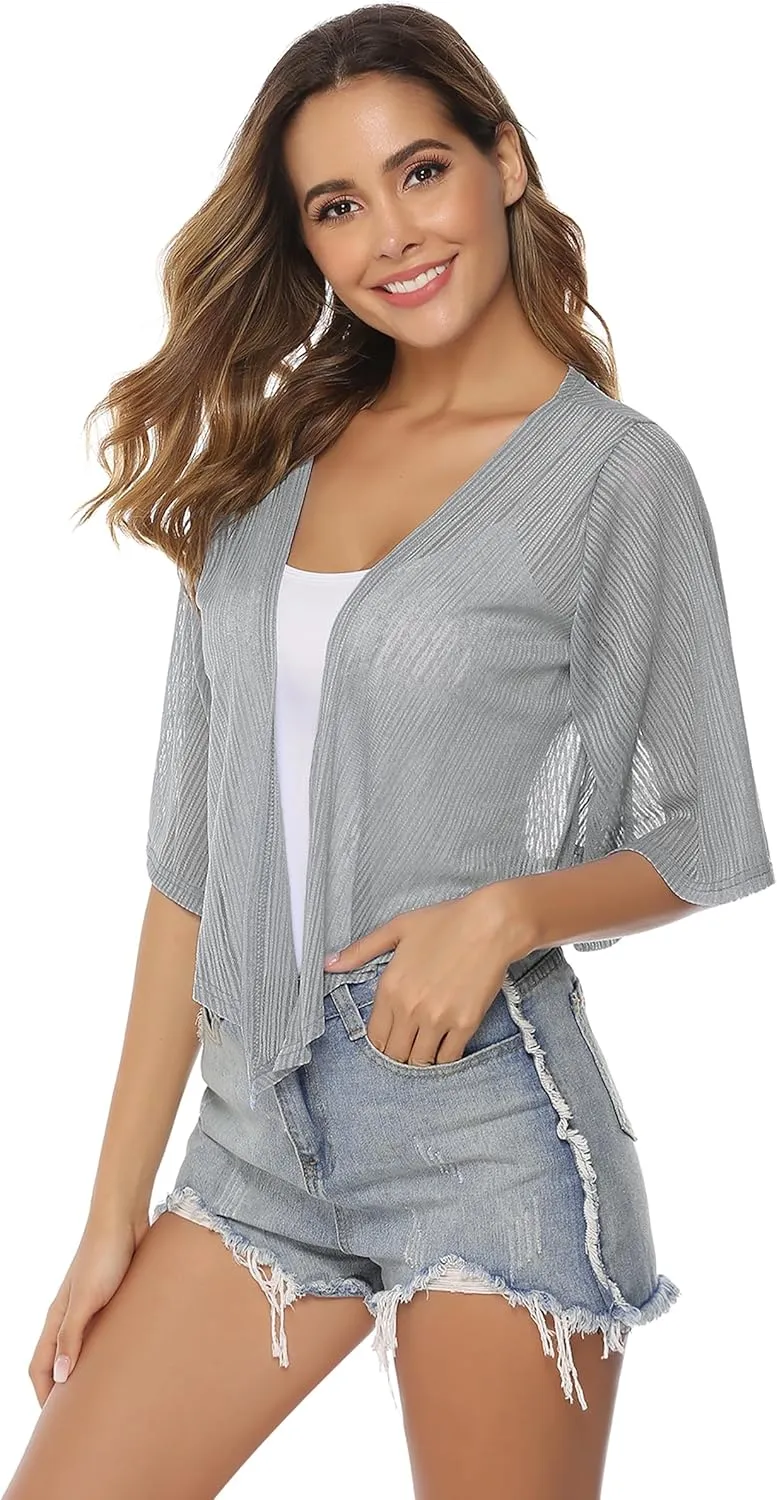 iClosam Women Tie Front Chiffon Shrug Short Sleeve Cropped Sheer Bolero Shrug Cardigan