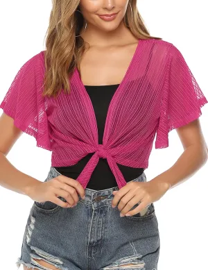 iClosam Women Tie Front Chiffon Shrug Short Sleeve Cropped Sheer Bolero Shrug Cardigan