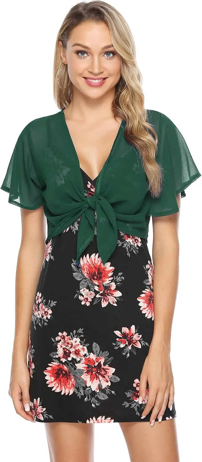 iClosam Women Tie Front Chiffon Shrug Short Sleeve Cropped Sheer Bolero Shrug Cardigan