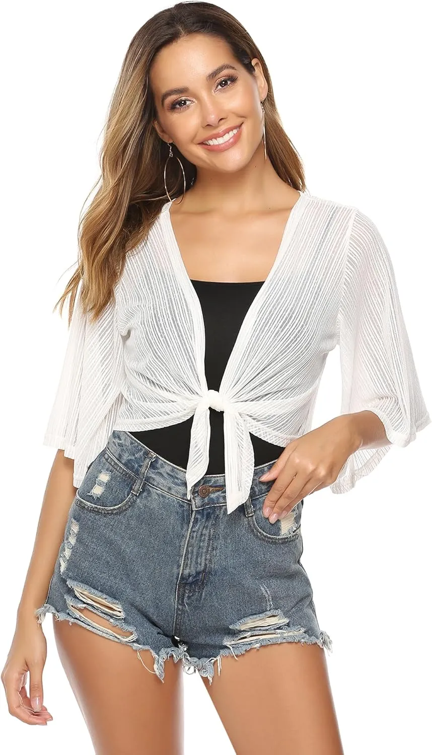 iClosam Women Tie Front Chiffon Shrug Short Sleeve Cropped Sheer Bolero Shrug Cardigan