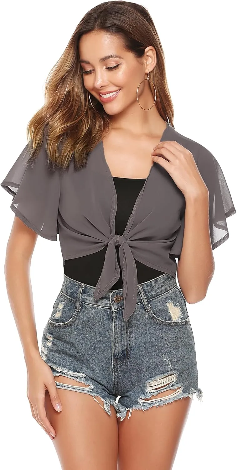 iClosam Women Tie Front Chiffon Shrug Short Sleeve Cropped Sheer Bolero Shrug Cardigan