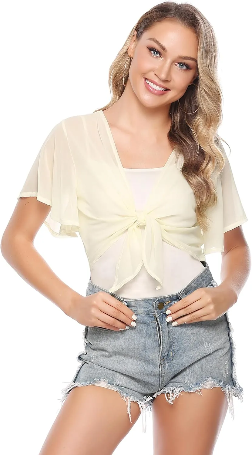 iClosam Women Tie Front Chiffon Shrug Short Sleeve Cropped Sheer Bolero Shrug Cardigan