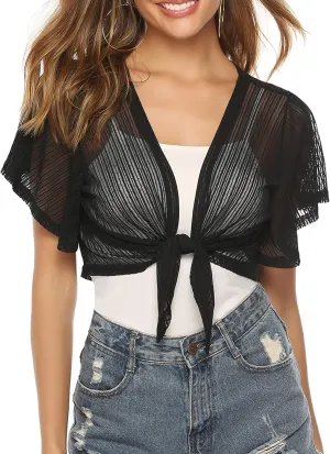 iClosam Women Tie Front Chiffon Shrug Short Sleeve Cropped Sheer Bolero Shrug Cardigan