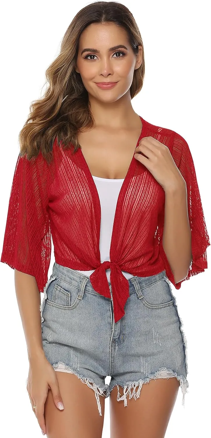 iClosam Women Tie Front Chiffon Shrug Short Sleeve Cropped Sheer Bolero Shrug Cardigan