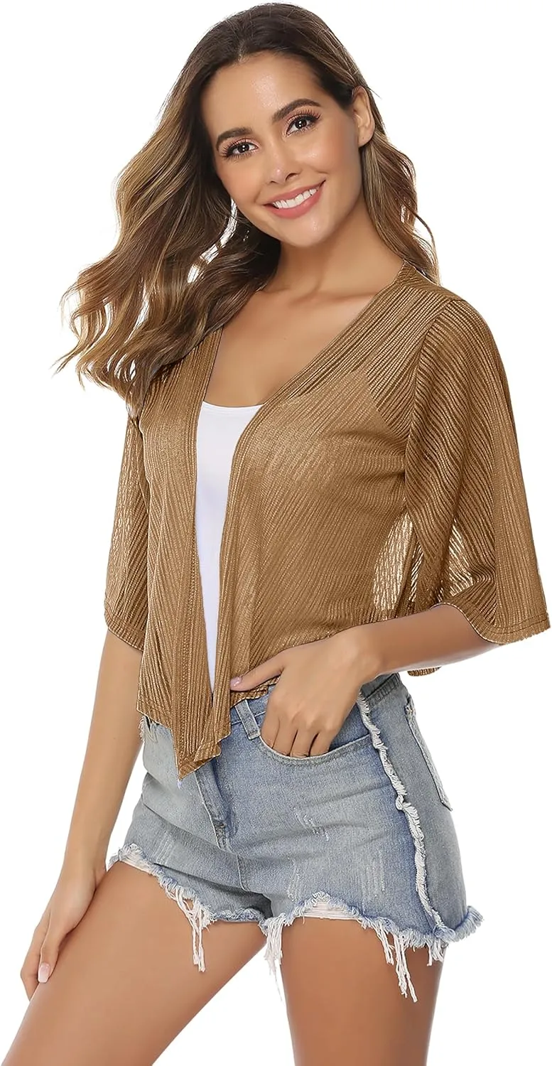 iClosam Women Tie Front Chiffon Shrug Short Sleeve Cropped Sheer Bolero Shrug Cardigan
