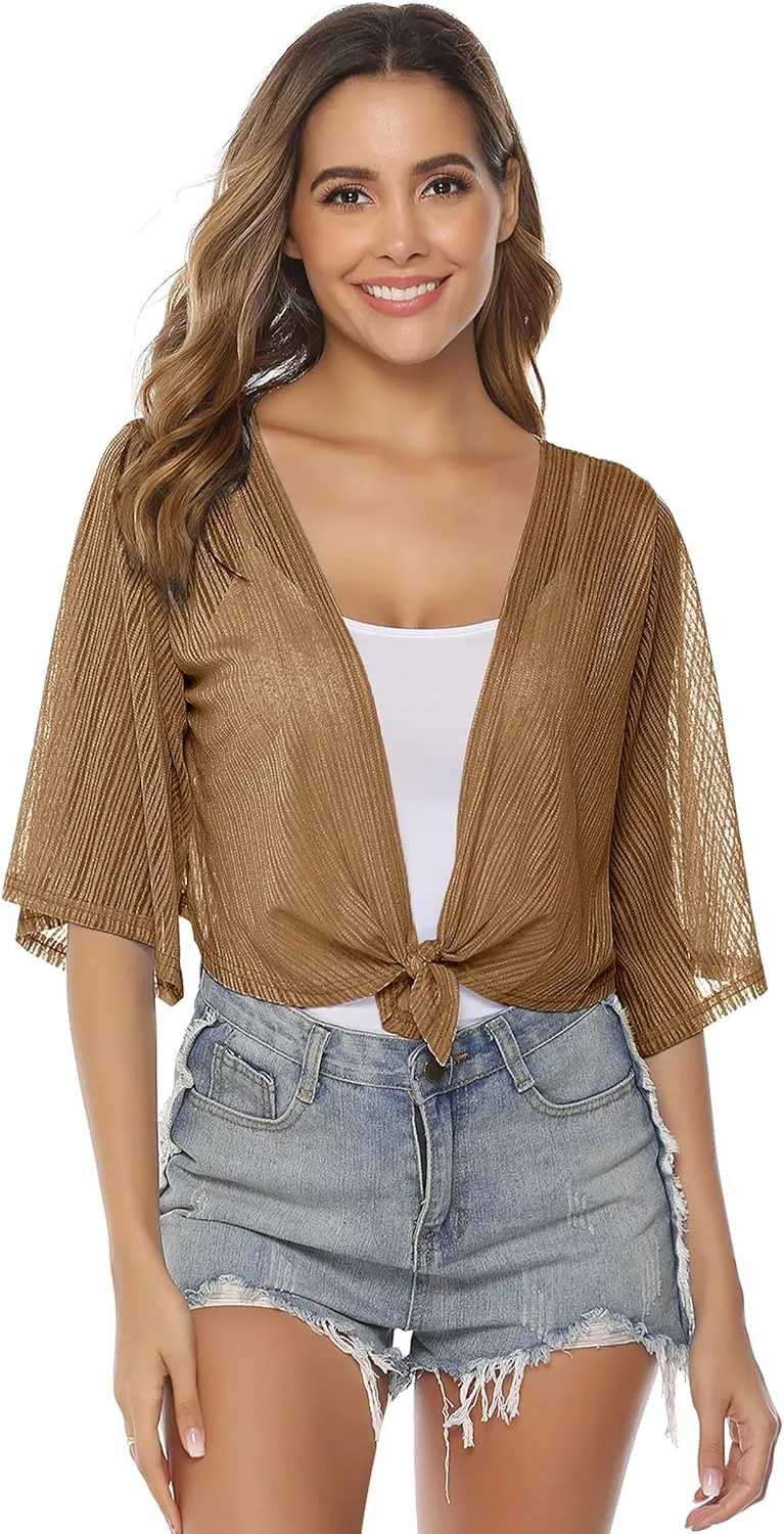 iClosam Women Tie Front Chiffon Shrug Short Sleeve Cropped Sheer Bolero Shrug Cardigan