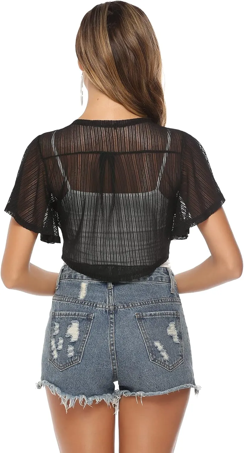 iClosam Women Tie Front Chiffon Shrug Short Sleeve Cropped Sheer Bolero Shrug Cardigan