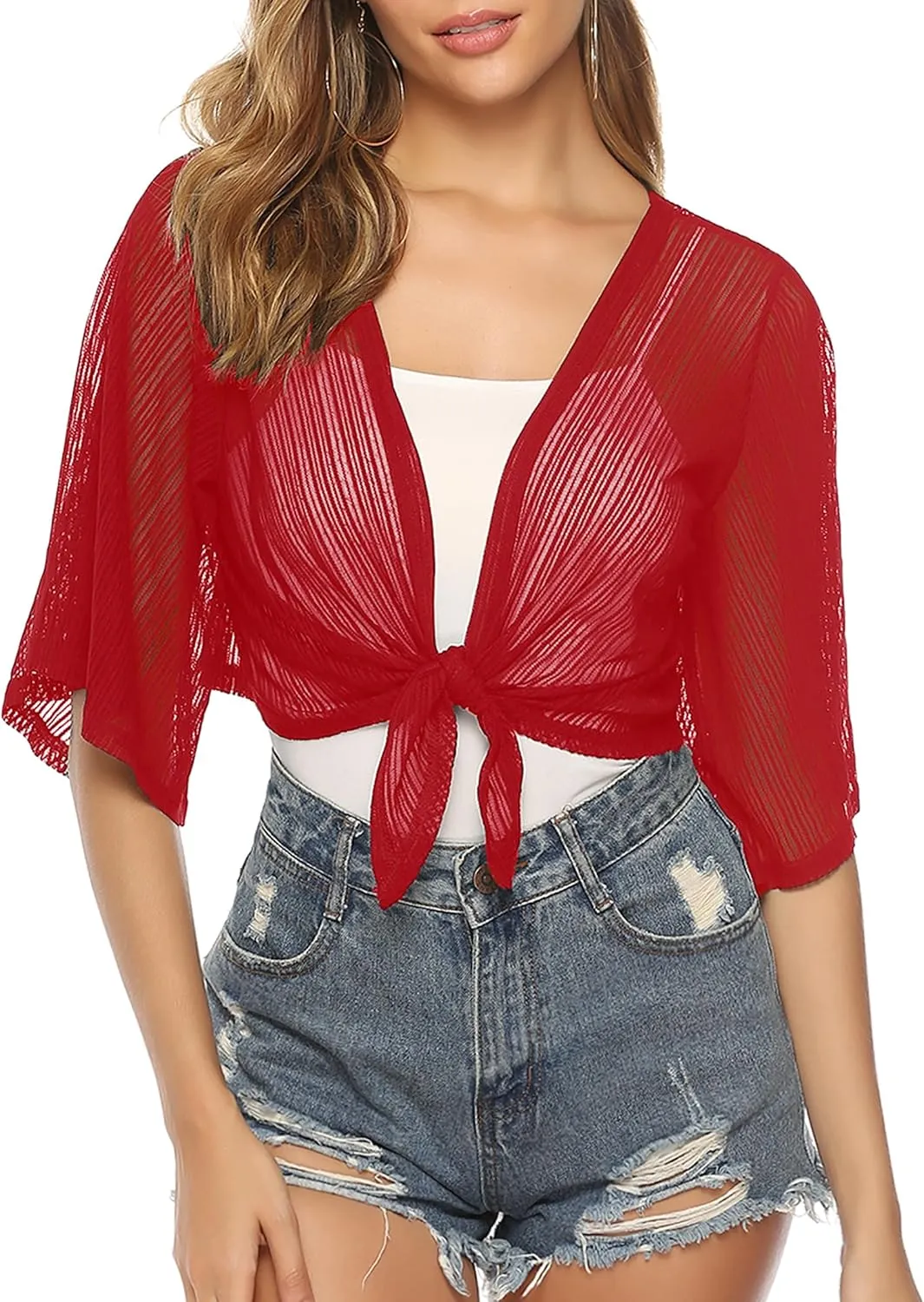 iClosam Women Tie Front Chiffon Shrug Short Sleeve Cropped Sheer Bolero Shrug Cardigan