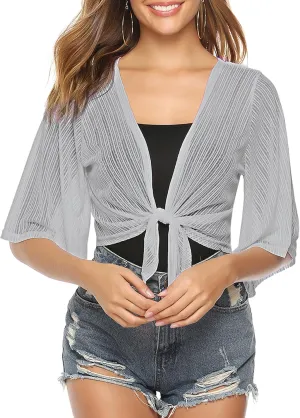 iClosam Women Tie Front Chiffon Shrug Short Sleeve Cropped Sheer Bolero Shrug Cardigan