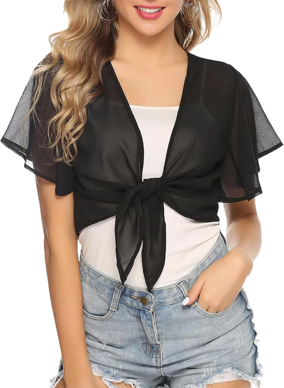 iClosam Women Tie Front Chiffon Shrug Short Sleeve Cropped Sheer Bolero Shrug Cardigan