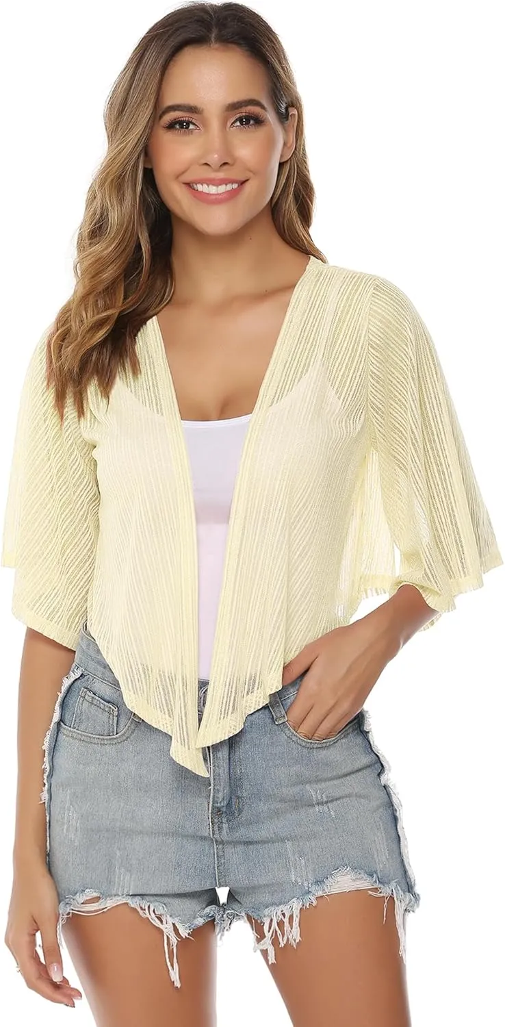iClosam Women Tie Front Chiffon Shrug Short Sleeve Cropped Sheer Bolero Shrug Cardigan