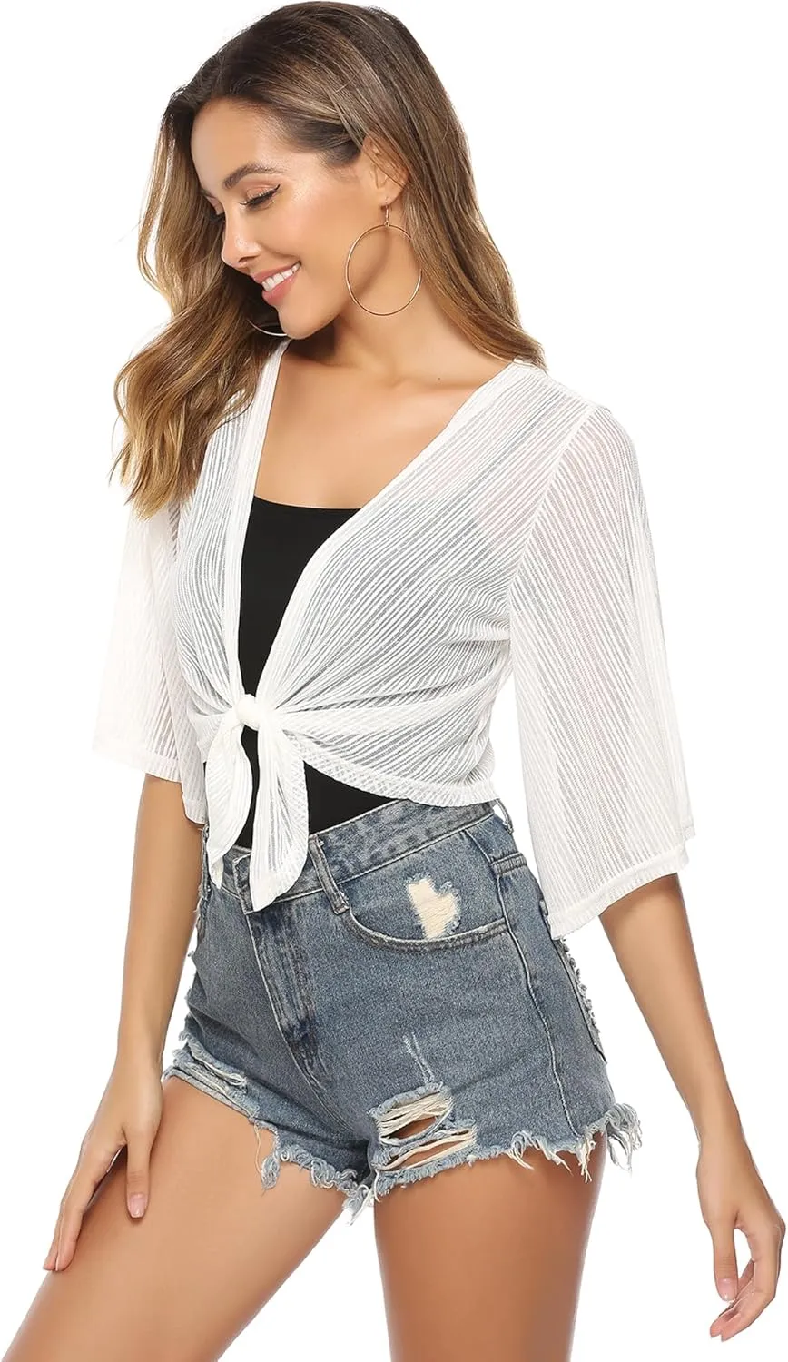 iClosam Women Tie Front Chiffon Shrug Short Sleeve Cropped Sheer Bolero Shrug Cardigan