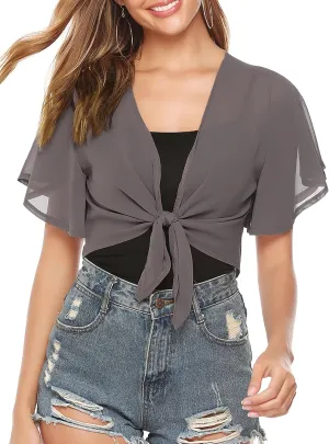 iClosam Women Tie Front Chiffon Shrug Short Sleeve Cropped Sheer Bolero Shrug Cardigan