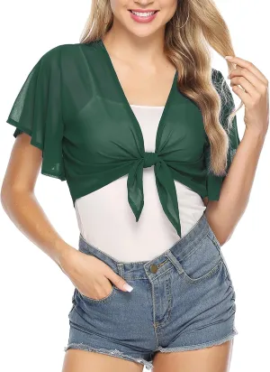 iClosam Women Tie Front Chiffon Shrug Short Sleeve Cropped Sheer Bolero Shrug Cardigan
