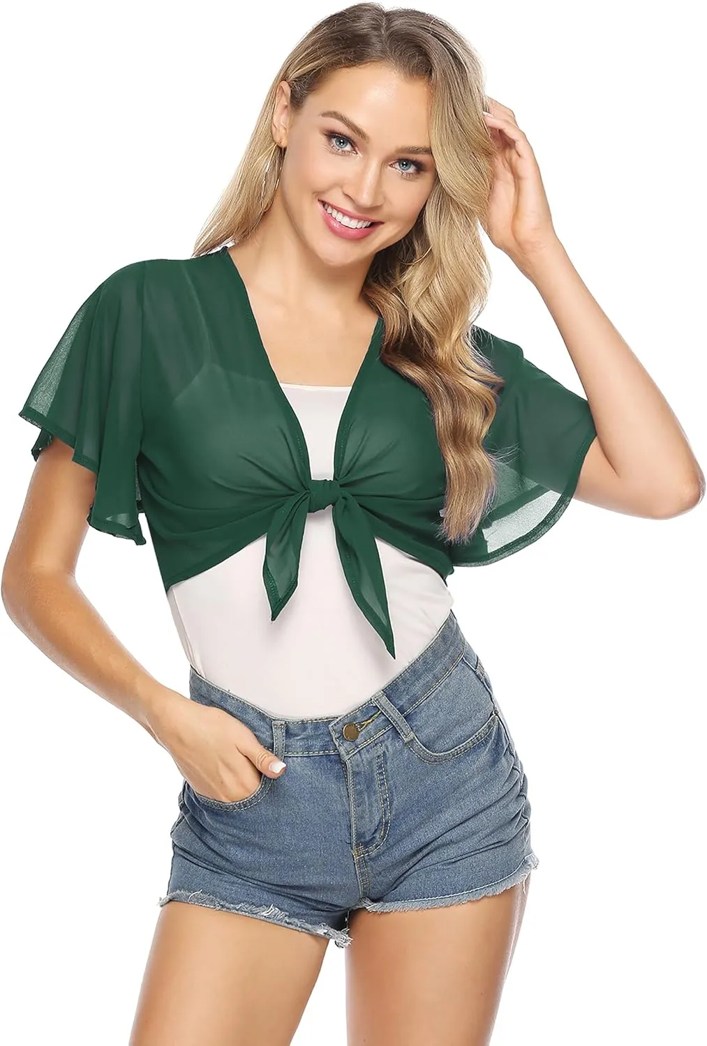 iClosam Women Tie Front Chiffon Shrug Short Sleeve Cropped Sheer Bolero Shrug Cardigan