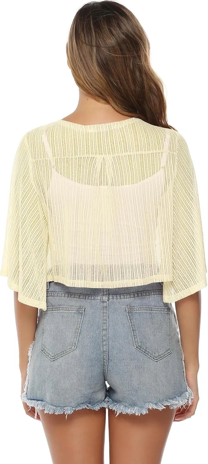 iClosam Women Tie Front Chiffon Shrug Short Sleeve Cropped Sheer Bolero Shrug Cardigan