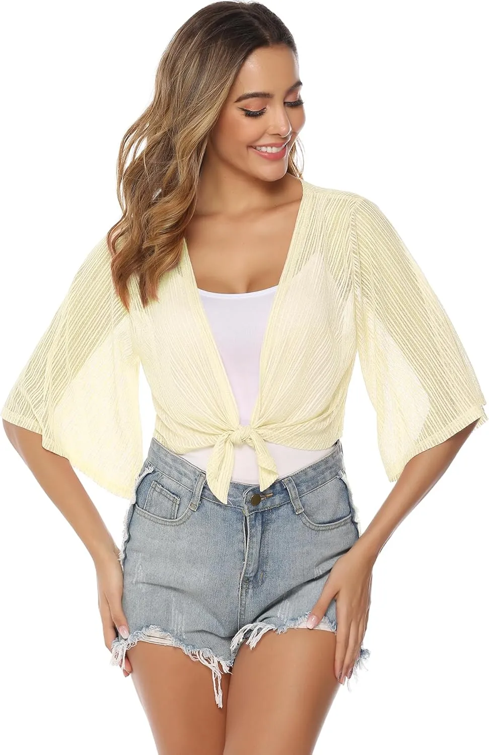 iClosam Women Tie Front Chiffon Shrug Short Sleeve Cropped Sheer Bolero Shrug Cardigan