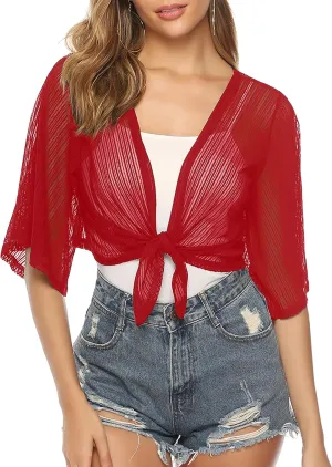 iClosam Women Tie Front Chiffon Shrug Short Sleeve Cropped Sheer Bolero Shrug Cardigan