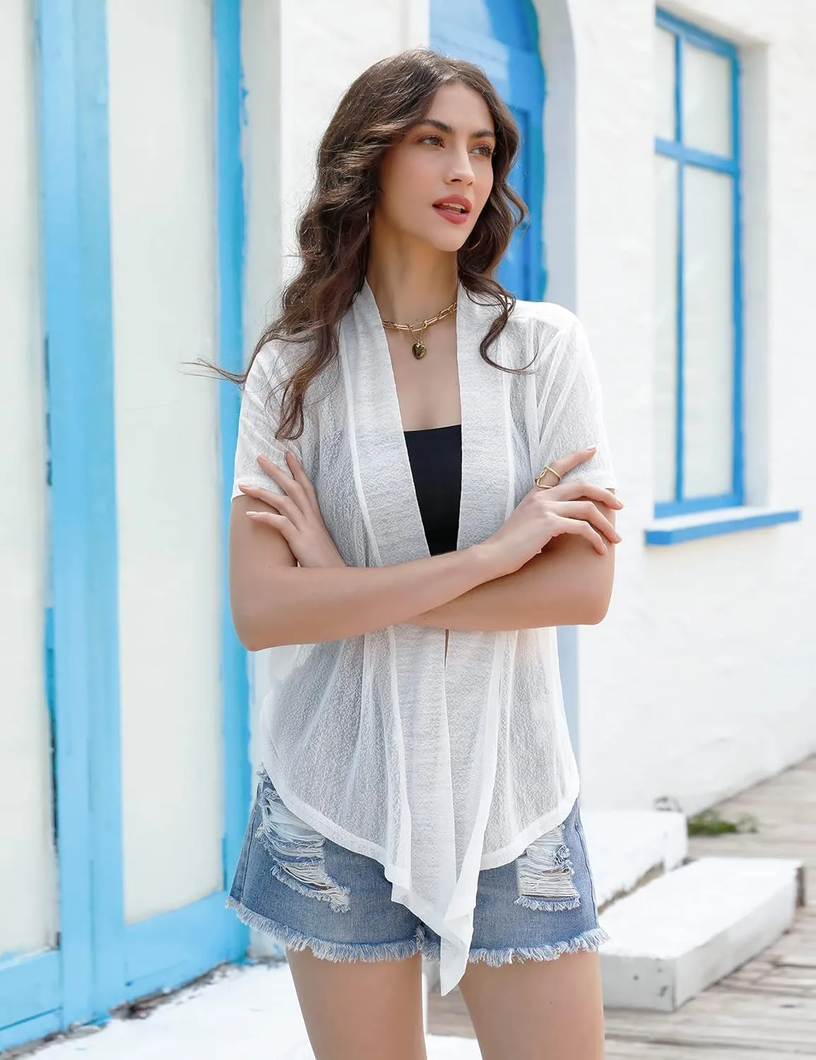 iClosam Womens Sheer Shrug Tie Front 3/4 Sleeve Cropped Bolero Cardigan