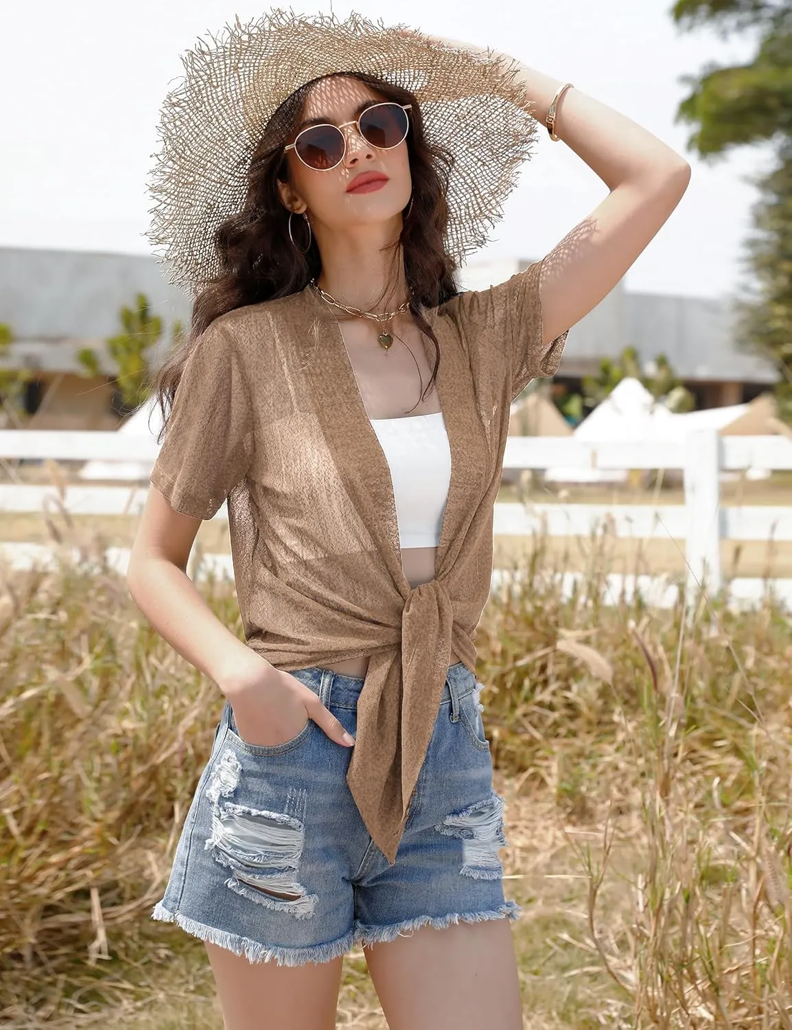 iClosam Womens Sheer Shrug Tie Front 3/4 Sleeve Cropped Bolero Cardigan