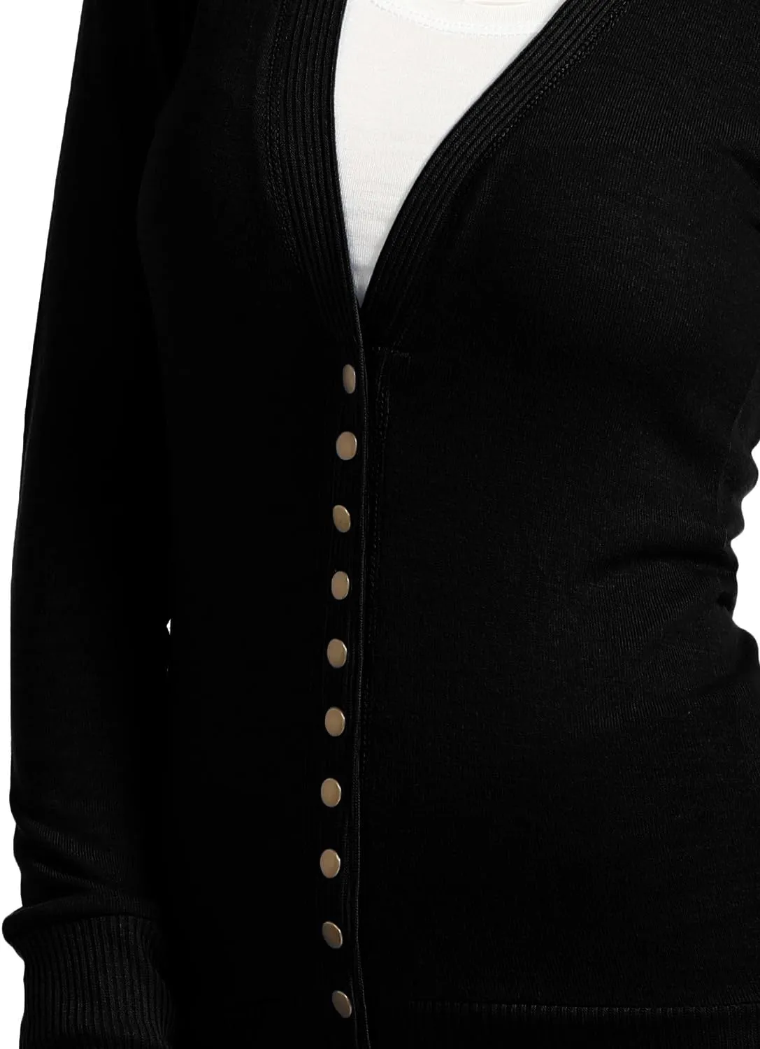 J. LOVNY Womens Basic Lightweight Stretch V-Neck Long Sleeve Ribbed Details Snap Button Cardigan Sweater S-3XL