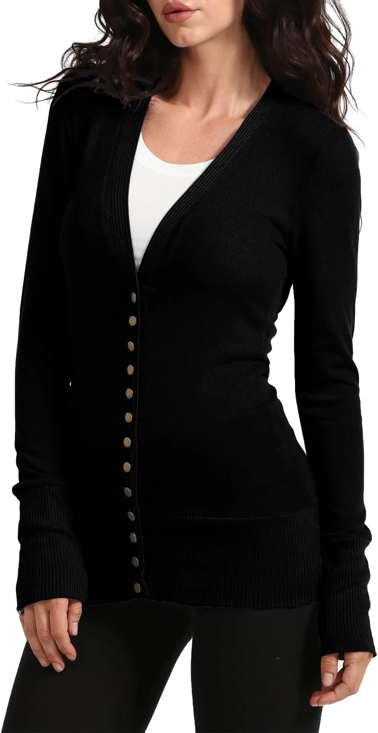 J. LOVNY Womens Basic Lightweight Stretch V-Neck Long Sleeve Ribbed Details Snap Button Cardigan Sweater S-3XL