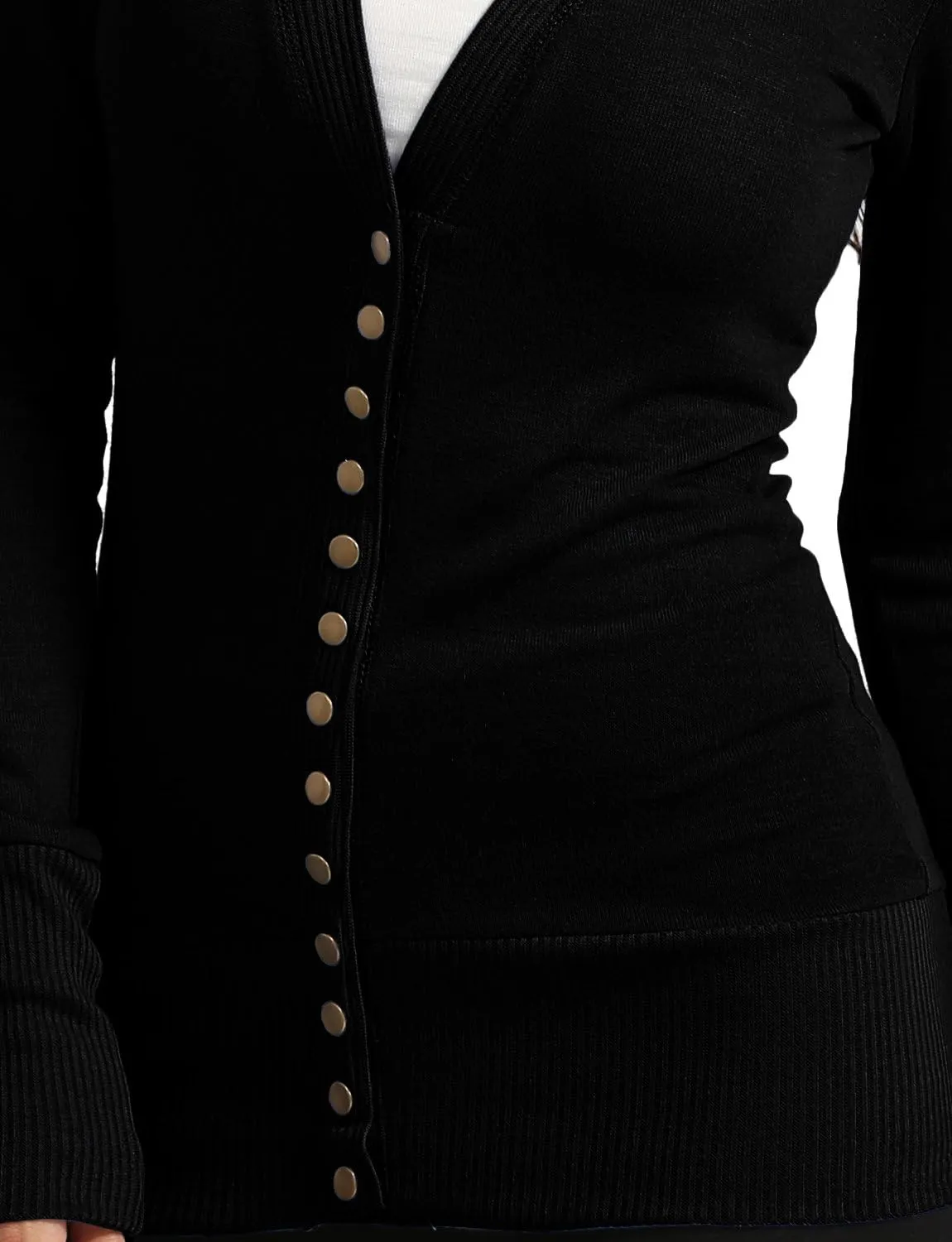 J. LOVNY Womens Basic Lightweight Stretch V-Neck Long Sleeve Ribbed Details Snap Button Cardigan Sweater S-3XL