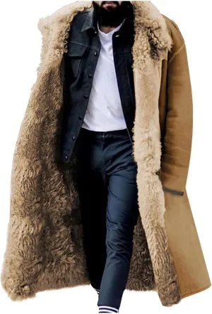 JIEMUXIU Sherpa Lined Long Jacket Men Faux Leather Shearling Jacket Fur Collar Furry Warm Coats Winter Fleece Parka Outwear