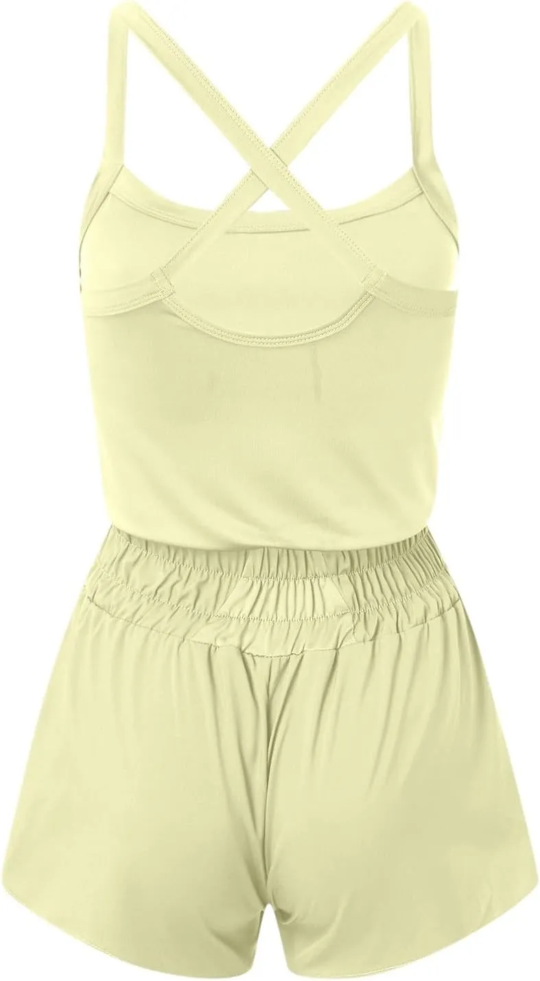 JOAU Womens Summer Casual Sleeveless Skort Romper Elastic High Waist Criss Cross Back Yoga Athletic Jumpsuits Trendy Outfits