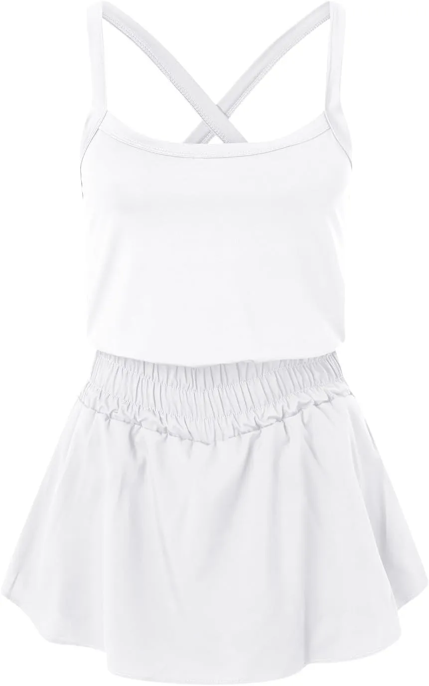 JOAU Womens Summer Casual Sleeveless Skort Romper Elastic High Waist Criss Cross Back Yoga Athletic Jumpsuits Trendy Outfits