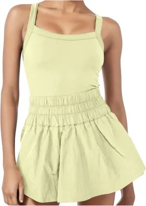 JOAU Womens Summer Casual Sleeveless Skort Romper Elastic High Waist Criss Cross Back Yoga Athletic Jumpsuits Trendy Outfits
