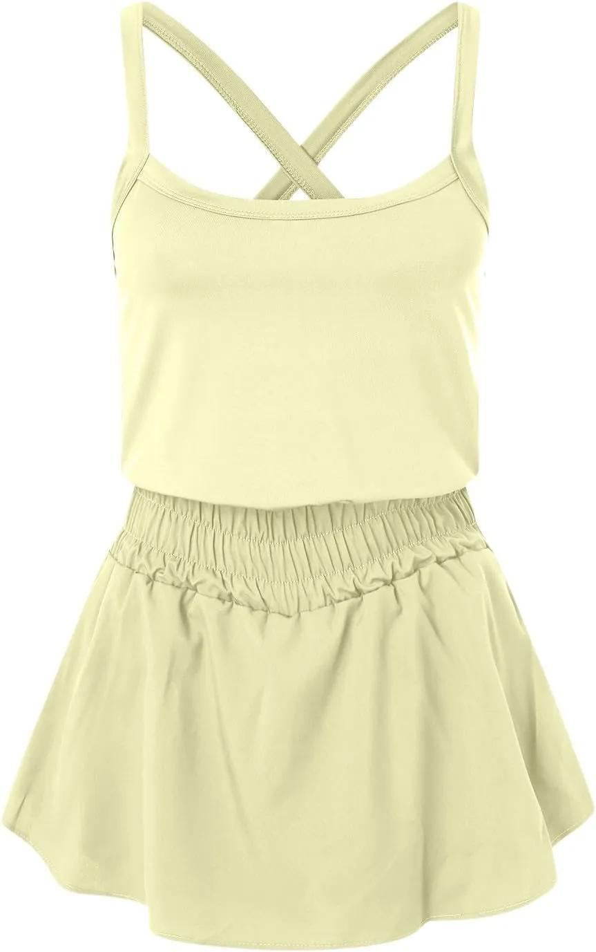JOAU Womens Summer Casual Sleeveless Skort Romper Elastic High Waist Criss Cross Back Yoga Athletic Jumpsuits Trendy Outfits