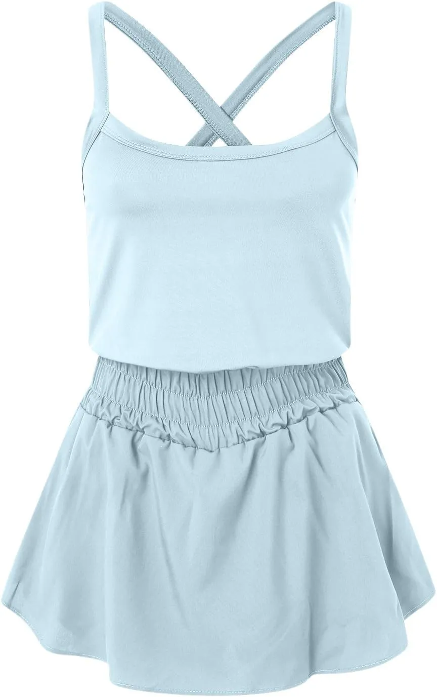JOAU Womens Summer Casual Sleeveless Skort Romper Elastic High Waist Criss Cross Back Yoga Athletic Jumpsuits Trendy Outfits
