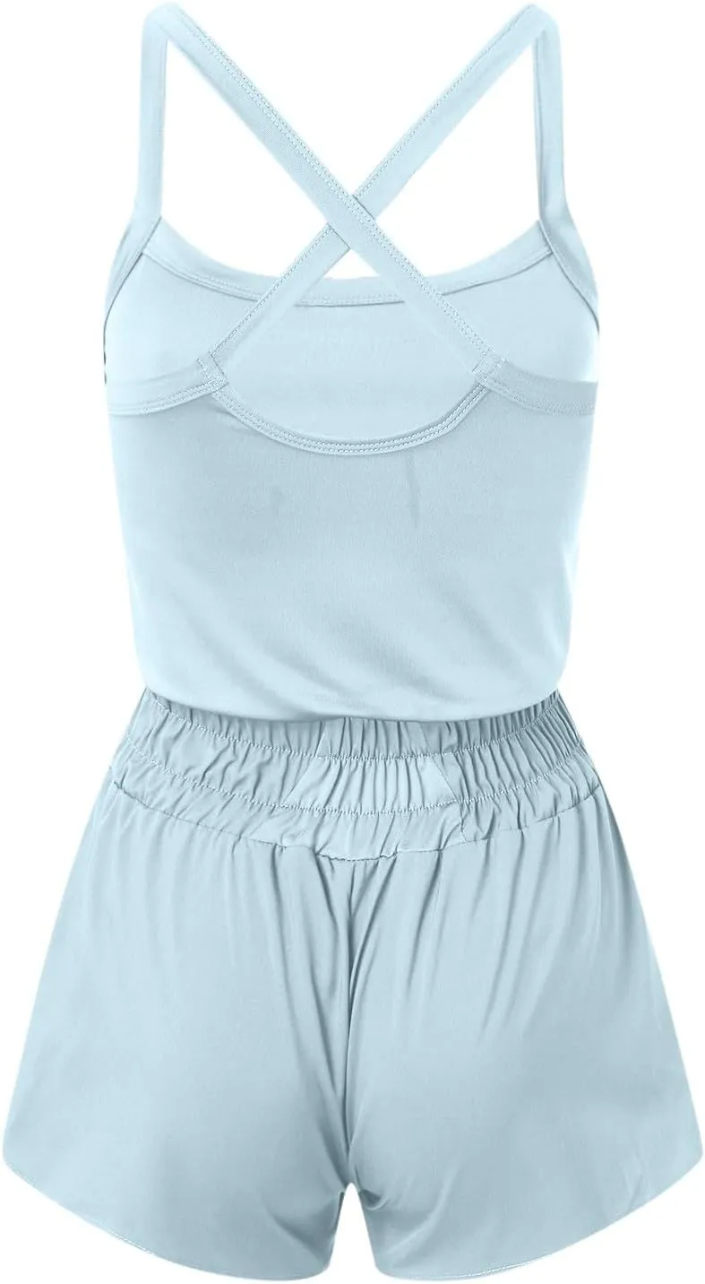 JOAU Womens Summer Casual Sleeveless Skort Romper Elastic High Waist Criss Cross Back Yoga Athletic Jumpsuits Trendy Outfits