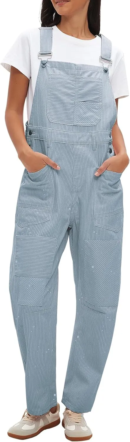 Kedera Women's Jean Overalls Loose Fit Adjustable Strap Striped Denim Jumpsuits Barrel Wide Leg Bib Overall Fall Fashion