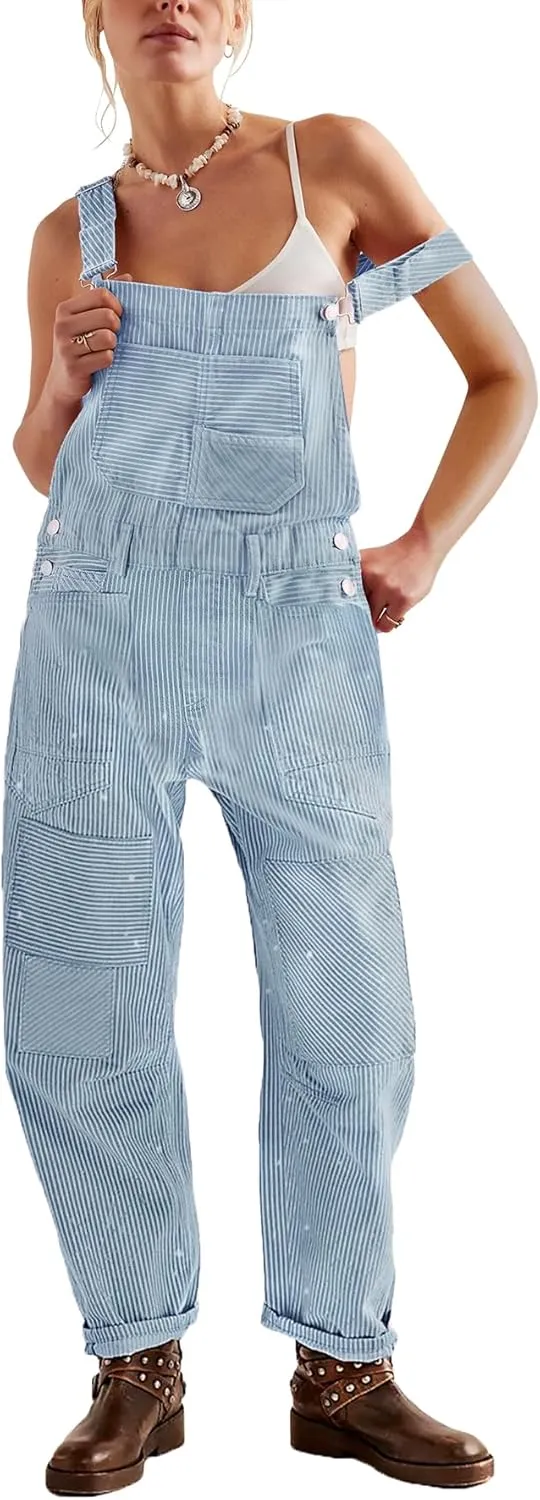 Kedera Women's Jean Overalls Loose Fit Adjustable Strap Striped Denim Jumpsuits Barrel Wide Leg Bib Overall Fall Fashion