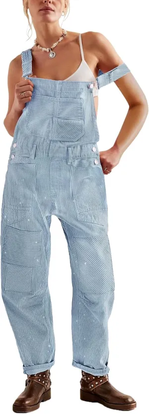 Kedera Women's Jean Overalls Loose Fit Adjustable Strap Striped Denim Jumpsuits Barrel Wide Leg Bib Overall Fall Fashion